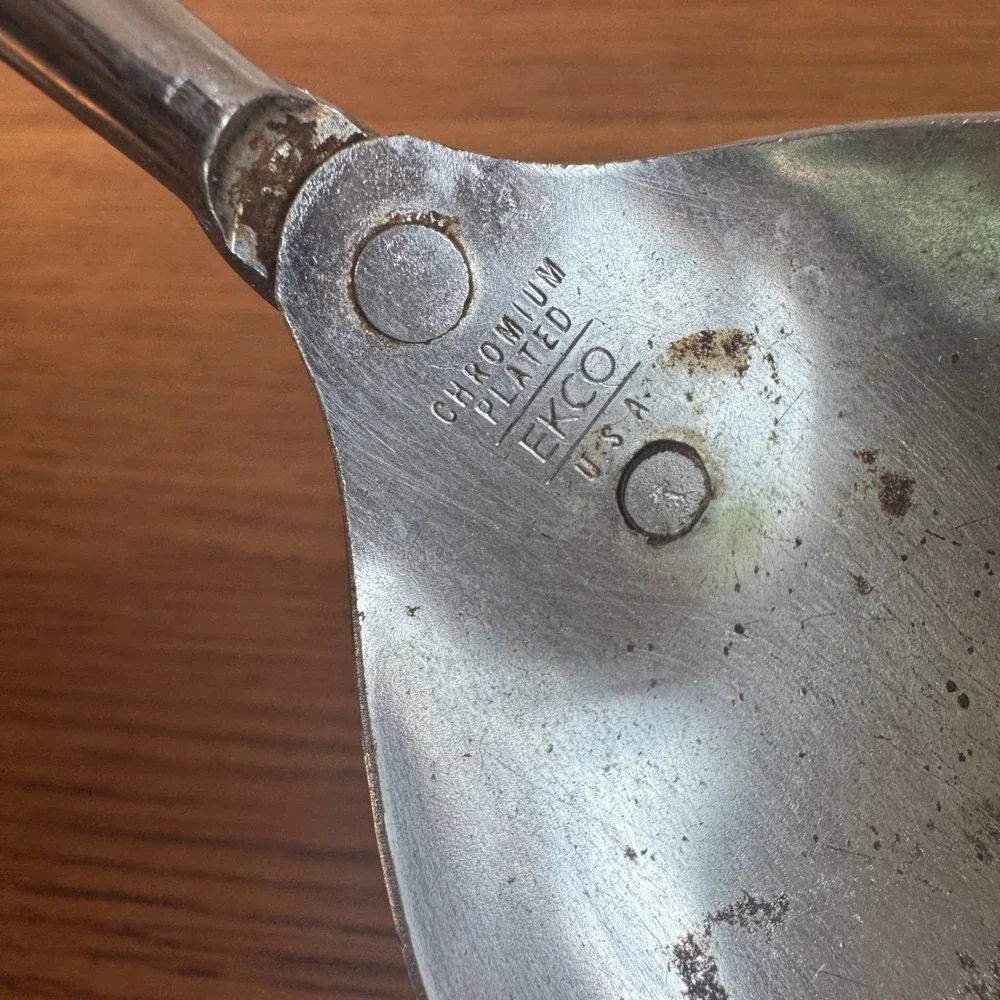 Vintage EKCO Chromium Plated Serving Spoon and Meat Fork Set‎ Black Wood Handle